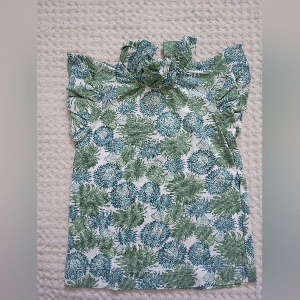 kate quinn Green and Blue Floral Ruffle Tie Neck Top